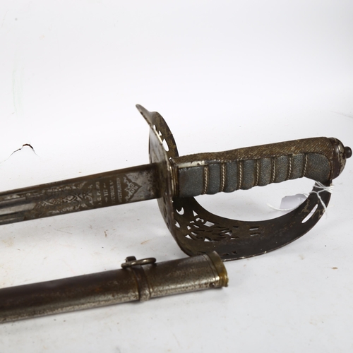 619 - An 1890 pattern British infantry sword by J.G. Plumb, Westminster, in steel scabbard, length 102cm