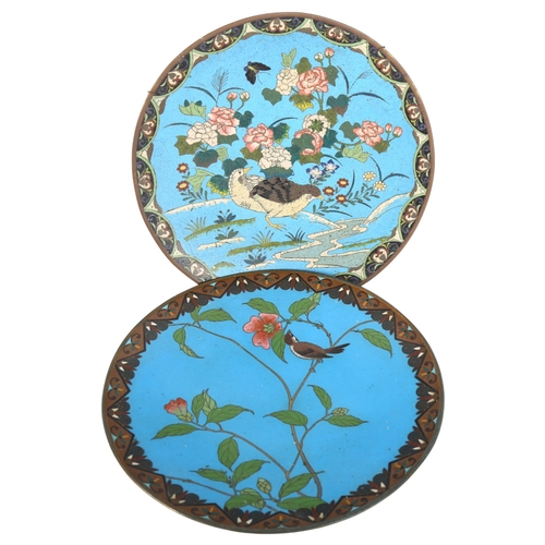 622 - 2 similar cloisonne blue ground shallow dishes, with designs of birds and blossom, 30cm