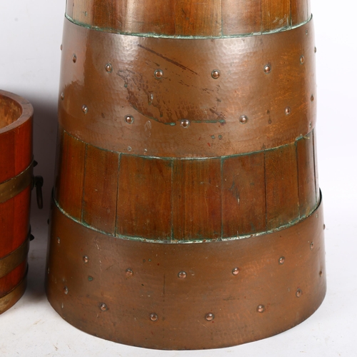 626 - A Lister coopered bucket with makers label and another planished copper bound stick stand, tallest 5... 