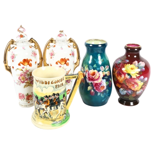 629 - A bonn vase, H21cm, a pair of German jars and covers, a Crown Devon Widdicombe musical tankard etc