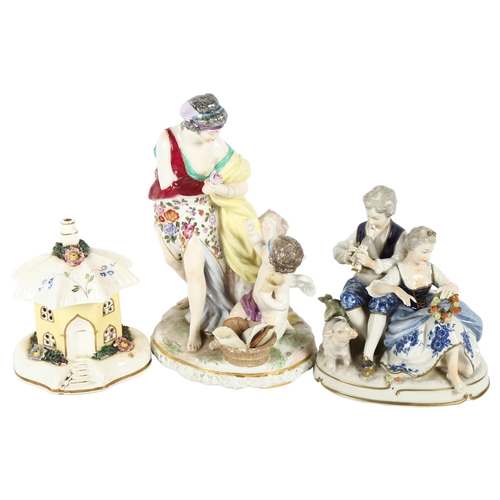 637 - A Victorian cottage pastille burner, and 2 Continental groups of figures, tallest 23cm (A/F)