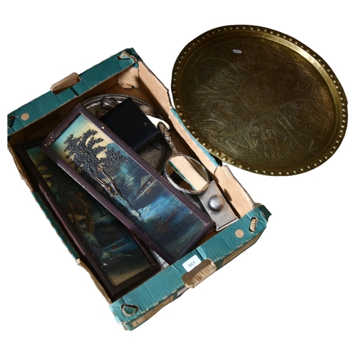 661 - Eastern brass tray with engraved decoration, 50cm, desk blotter, Oriental pictures, plated hand mirr... 