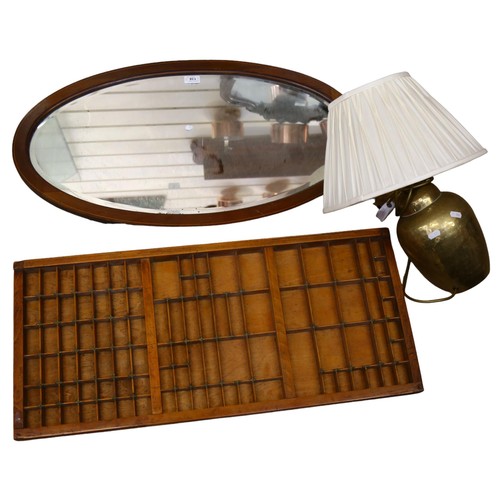 555 - A printer's tray, an early 20th century inlaid satin oval bevel-edge wall mirror, 84cm x 46cm, and a... 