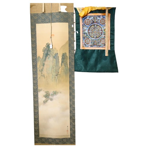 556 - A Japanese Thangka, 70cm x 42cm, and a printed Oriental scroll, 195cm x 48cm (2)