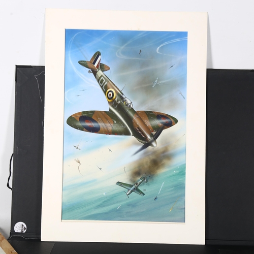 2904 - Milton Bradley, gouache, Spitfire dog fight, label verso, 49cm x 32cm, mounted