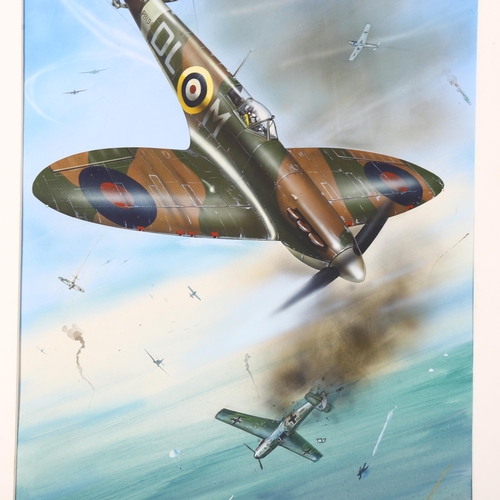 2904 - Milton Bradley, gouache, Spitfire dog fight, label verso, 49cm x 32cm, mounted