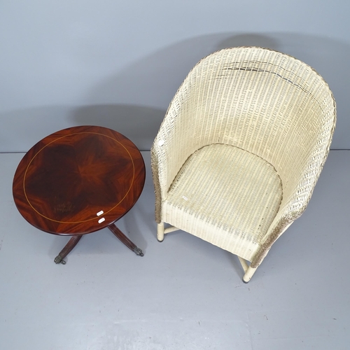 2713 - A Lloyd loom chair, and a modern mahogany and satinwood strung circular top occasional table. 54x48c... 