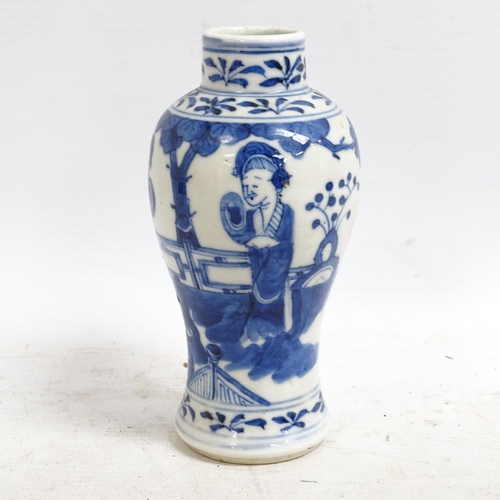 130 - An Antique Chinese blue and white baluster vase of small size, hand painted figural decoration with ... 