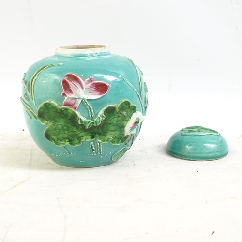 173 - A pair of Chinese crackle glaze vases, a Teksing tea bowl (label to the underside), and a turquoise ... 