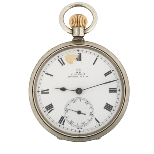 1063 - OMEGA - a chrome open-face keyless pocket watch, white enamel dial with Roman numeral hour markers, ... 