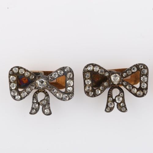 1105 - CARTIER - a set of 3 Art Deco diamond ribbon bow dress studs, 1 having en tremblant drop, set with r... 