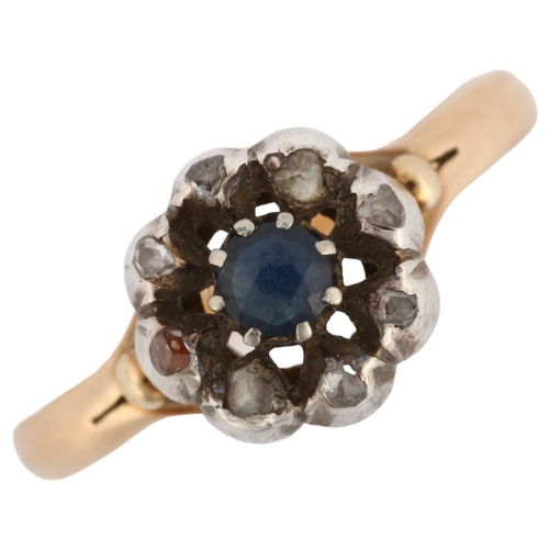 1182 - A 19th century sapphire and diamond cluster ring, unmarked gold and silver settings with round-cut s... 