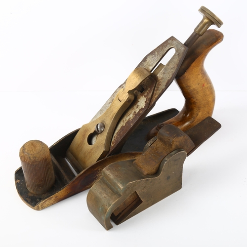 14 - A bronze-based 19th century smoothing plane, a bronze bull nosed plane and 5 folding rules, no maker... 