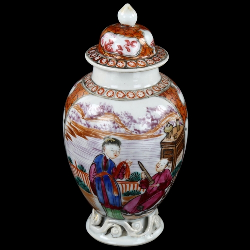 18 - An Antique Chinese porcelain tea jar, with enamelled and gilded decoration on scrolled base, height ... 