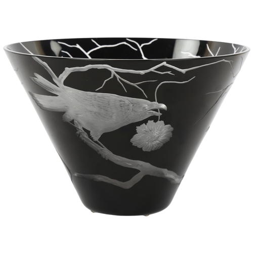 2 - An Artel etched glass flared bowl, with crow on tree, makers name to base, height 16.5cm