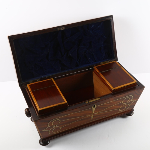 34 - A late 18th, early 19th century brass inlaid tea caddy with interior fittings, length 35cm