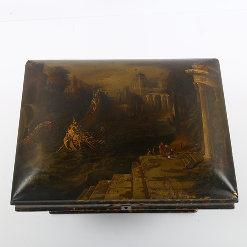 5 - A 19th century papier mache pedestal sewing box, with hand painted classical scene and fitted interi... 