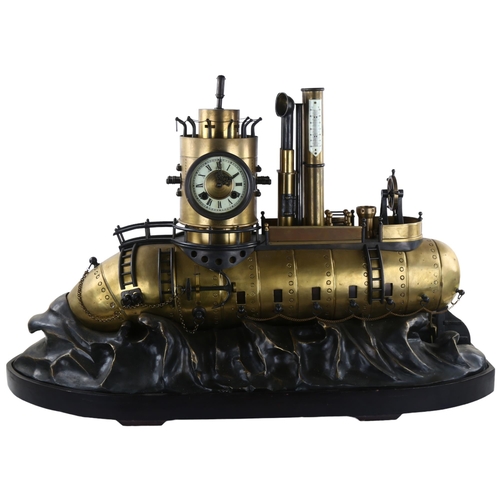 100 - A large scale 20th century model of a submarine gunship with clock and barometer to turret, brass an... 