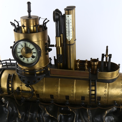 100 - A large scale 20th century model of a submarine gunship with clock and barometer to turret, brass an... 