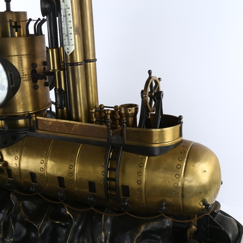 100 - A large scale 20th century model of a submarine gunship with clock and barometer to turret, brass an... 