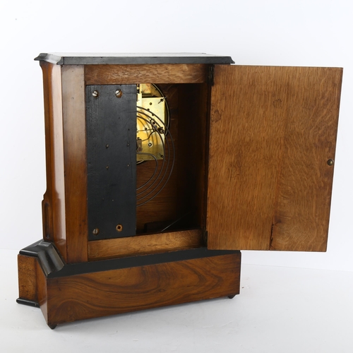 101 - A late 19th century 8 day oak cased bracket clock with satinwood veneer, chiming on gong, height 37c... 