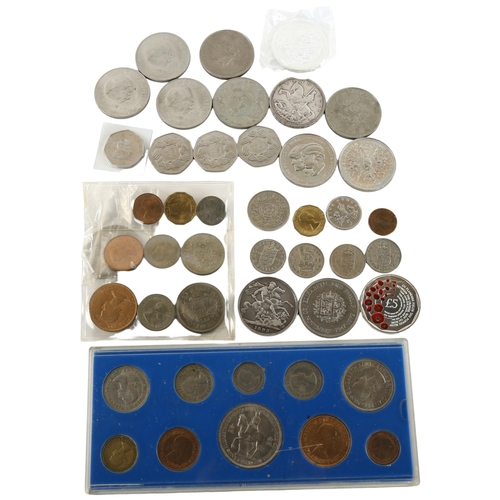 104 - A collection of coins and banknotes, including 1893 Britannia crown, 1935 George & Dragon crown, 1oz... 