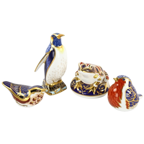 106 - A collection of 4 pieces of Royal Crown Derby figures, penguin, frog, nuthatch and robin, tallest 14... 