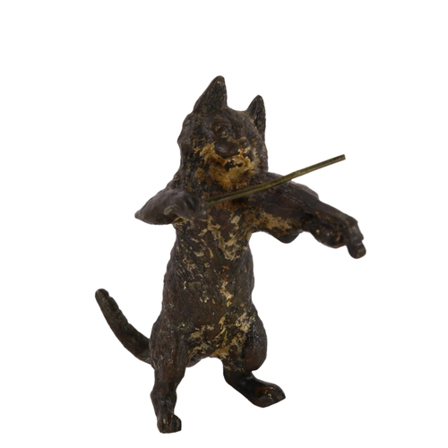 111 - A bronze cold painted miniature of cat playing a fiddle, height 6cm