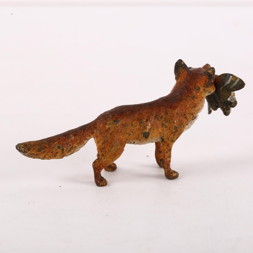 113 - A cold painted bronze miniature of fox with pheasant, length 5cm