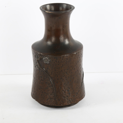 116 - A Japanese bronze vase with relief tree and gilt decoration in mallet form, height 15cm