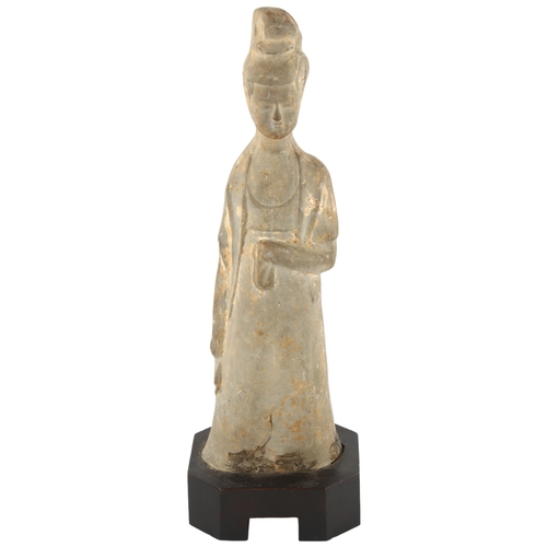 123 - A Chinese ceramic funerary figure on wooden stand, height 29cm