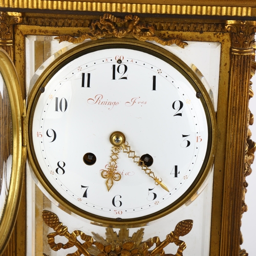 124 - A mid 19th century French Four Glass clock by Raingo Feres, Paris,  8 day movement, case has bevelle... 