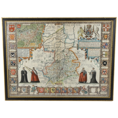 125 - John Speede, a hand coloured map of Cambridgeshire, dated 1610, with coats of arms for Cambridge col... 