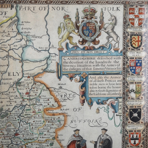 125 - John Speede, a hand coloured map of Cambridgeshire, dated 1610, with coats of arms for Cambridge col... 