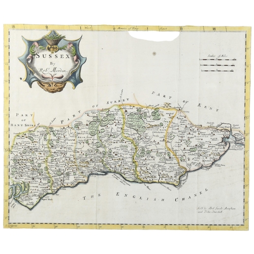 127 - A hand coloured map of Sussex by Robert Morden, framed, 44 x 54 cm