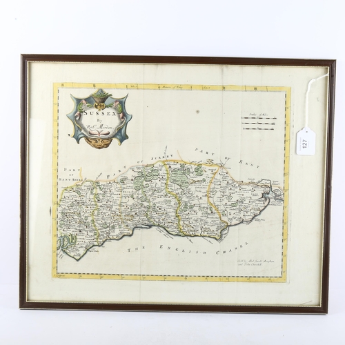 127 - A hand coloured map of Sussex by Robert Morden, framed, 44 x 54 cm