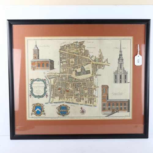 129 - A 1755 map of the City of London around St Paul's Cathedral, framed, map 47 x 37cm