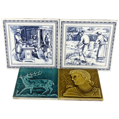 134 - 4 19th century tiles, comprising 2 Minton tiles probably designed by John Moyr Smith, and 2 tin glaz... 