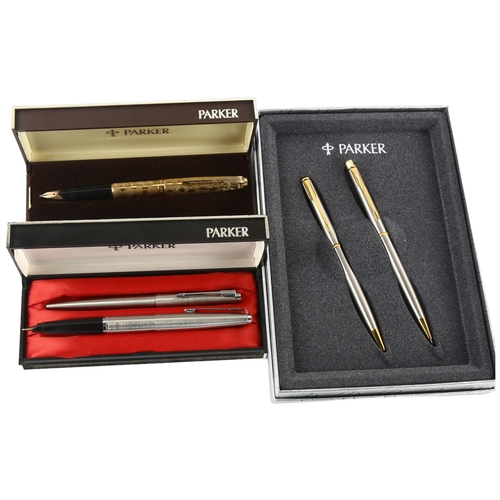 137 - A Parker 61 rolled gold fountain pen with 14k nib, a Parker Fountain pen and ballpoint set and a Par... 