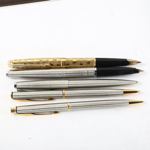 137 - A Parker 61 rolled gold fountain pen with 14k nib, a Parker Fountain pen and ballpoint set and a Par... 