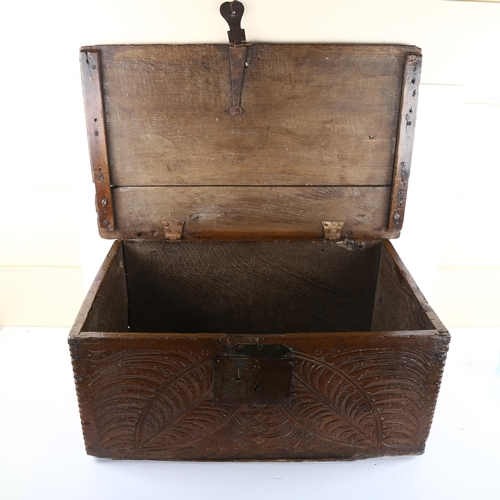 82 - An early 17th century Bible box, incised with wheatsheaf carving, 69 x 52cm, height 29cm