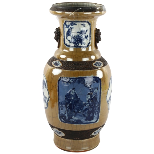 93 - A 19th century Chinese brown glazed vase with blue and white glaze panels, character marks to base, ... 