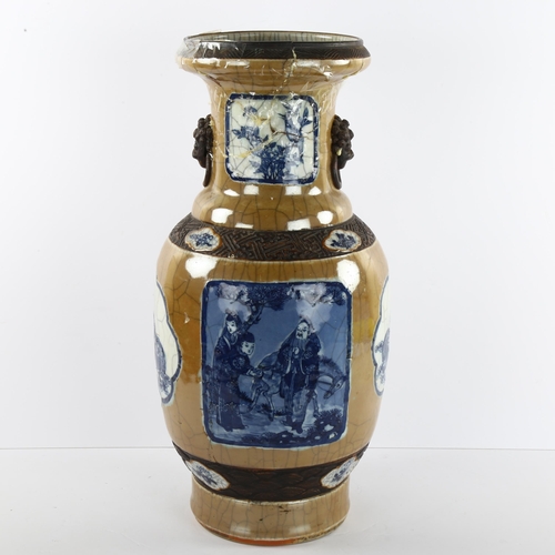 93 - A 19th century Chinese brown glazed vase with blue and white glaze panels, character marks to base, ... 