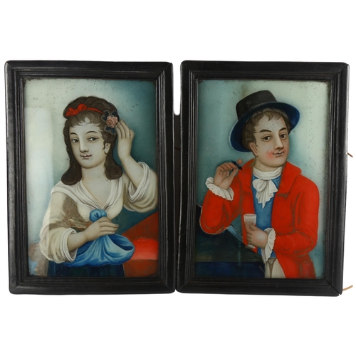 149 - 2 x 19th century Continental reverse glass painted portraits, 38cm x 27.5cm