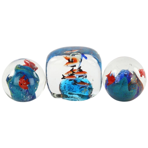 156 - 3 Murano style glass paperweights with fish decoration, tallest 7.5cm