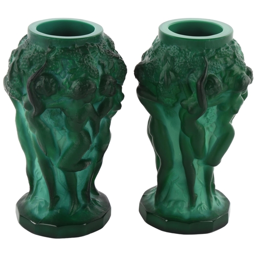 159 - A pair of malachite pressed glass vases, in the style of Lalique, featuring 6 nudes around grapevine... 