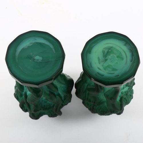 159 - A pair of malachite pressed glass vases, in the style of Lalique, featuring 6 nudes around grapevine... 