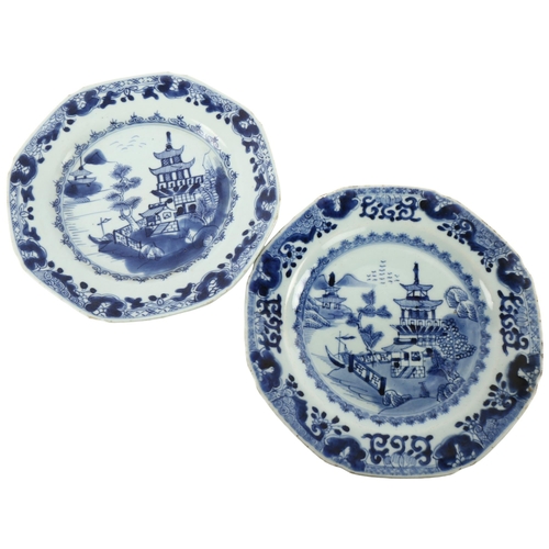 164 - 2 Chinese blue and white plates with pagoda scene decoration, diameter 23cm