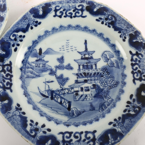 164 - 2 Chinese blue and white plates with pagoda scene decoration, diameter 23cm