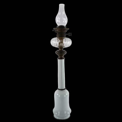 169 - An early 19th century opaline glass oil lamp with cut glass well, stamped Hinks & Sons, height 85cm